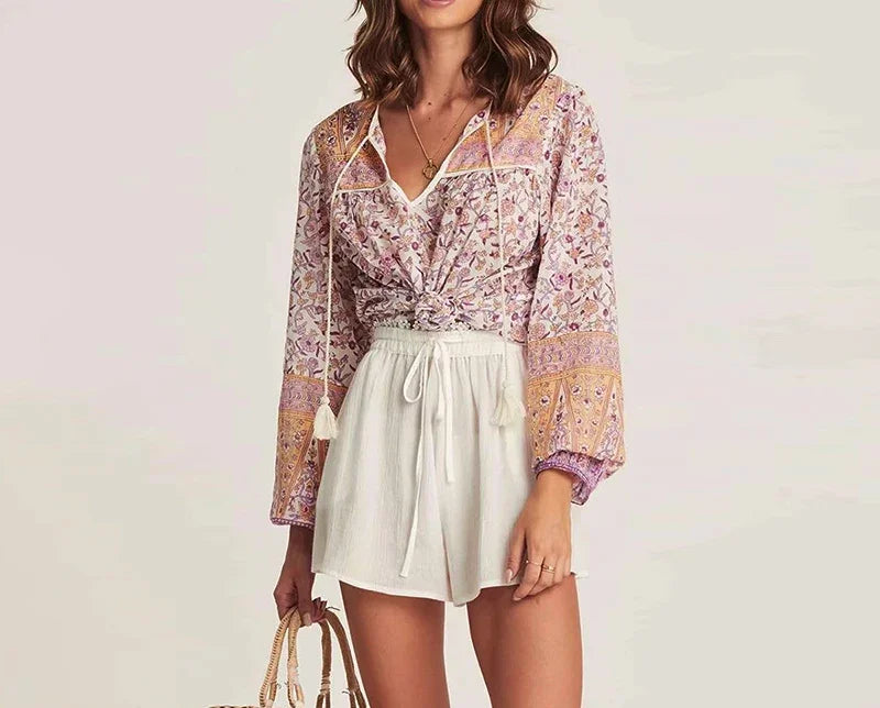 Pink Floral Printed Loose Long Sleeve Boho Blouse