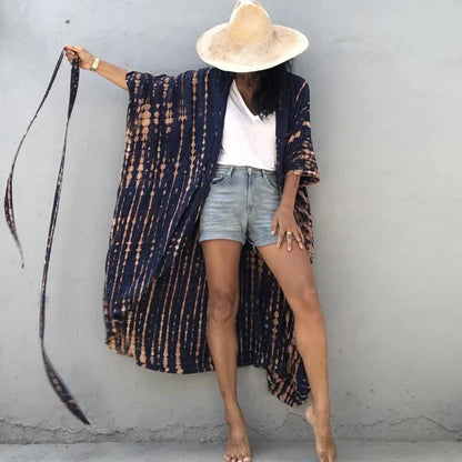 Cotton Rayon Tie-Dye Stripes Boho Kimono Cover up
