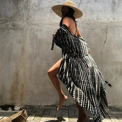 Cotton Rayon Tie-Dye Stripes Boho Kimono Cover up