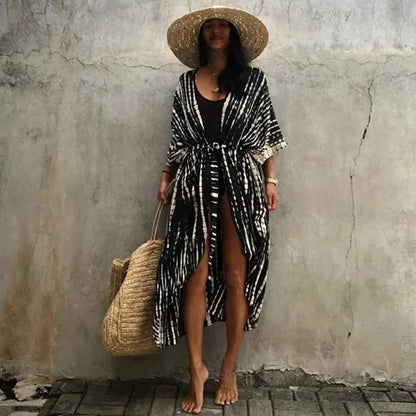 Cotton Rayon Tie-Dye Stripes Boho Kimono Cover up