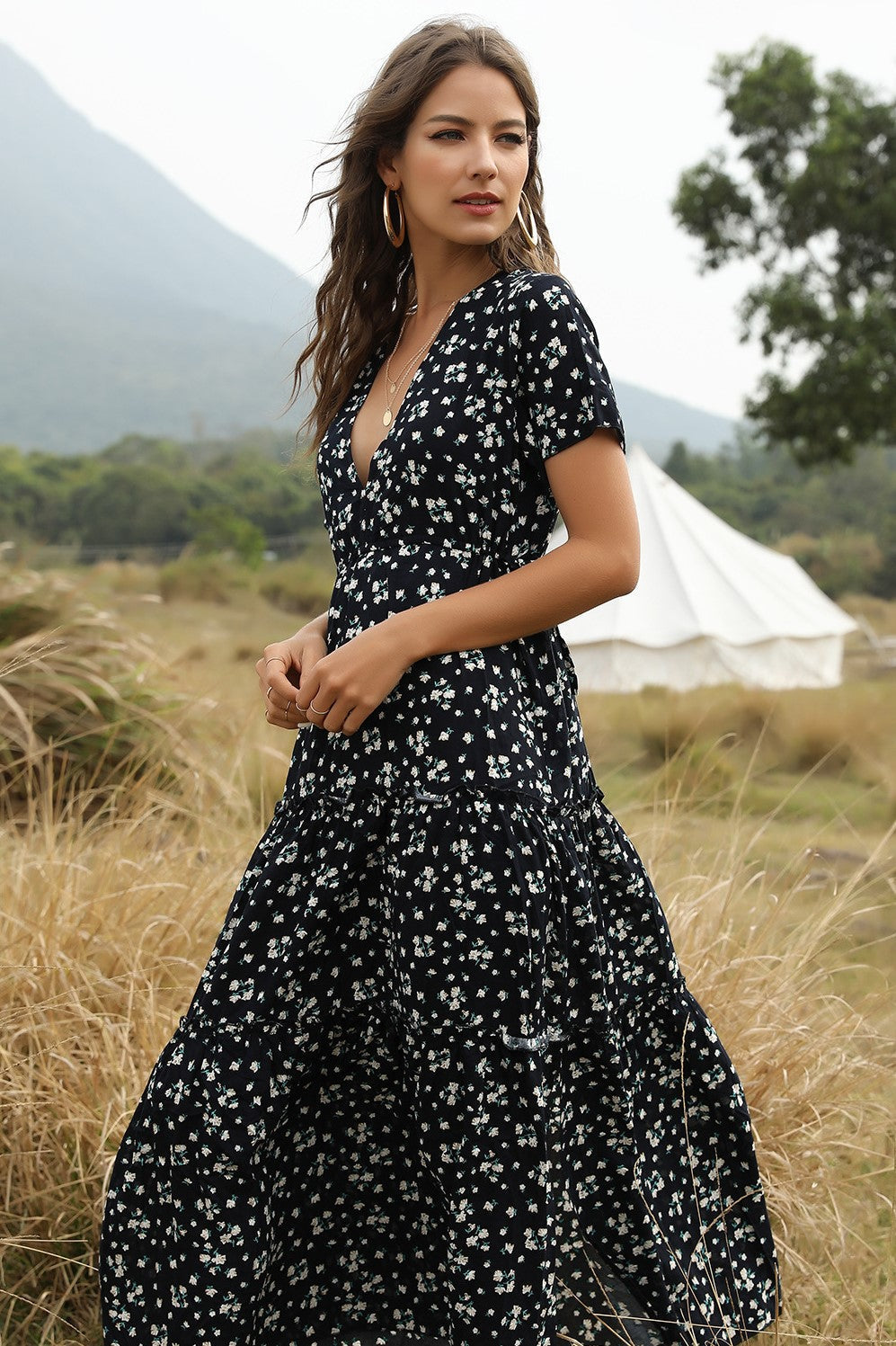 Cotton Ruffle Floral Bohemian Dress Blue