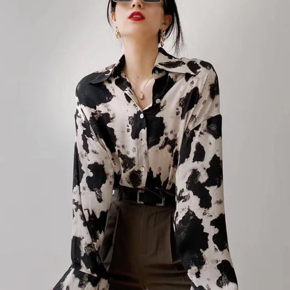 Cow Print Button Up Long Sleeve Blouse