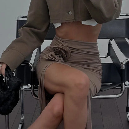 Ruched Split Floral Applique Maxi Skirt