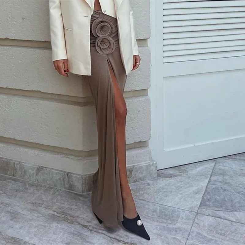 Ruched Split Floral Applique Maxi Skirt