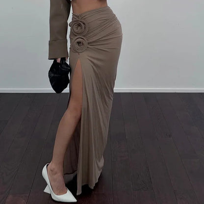 Ruched Split Floral Applique Maxi Skirt