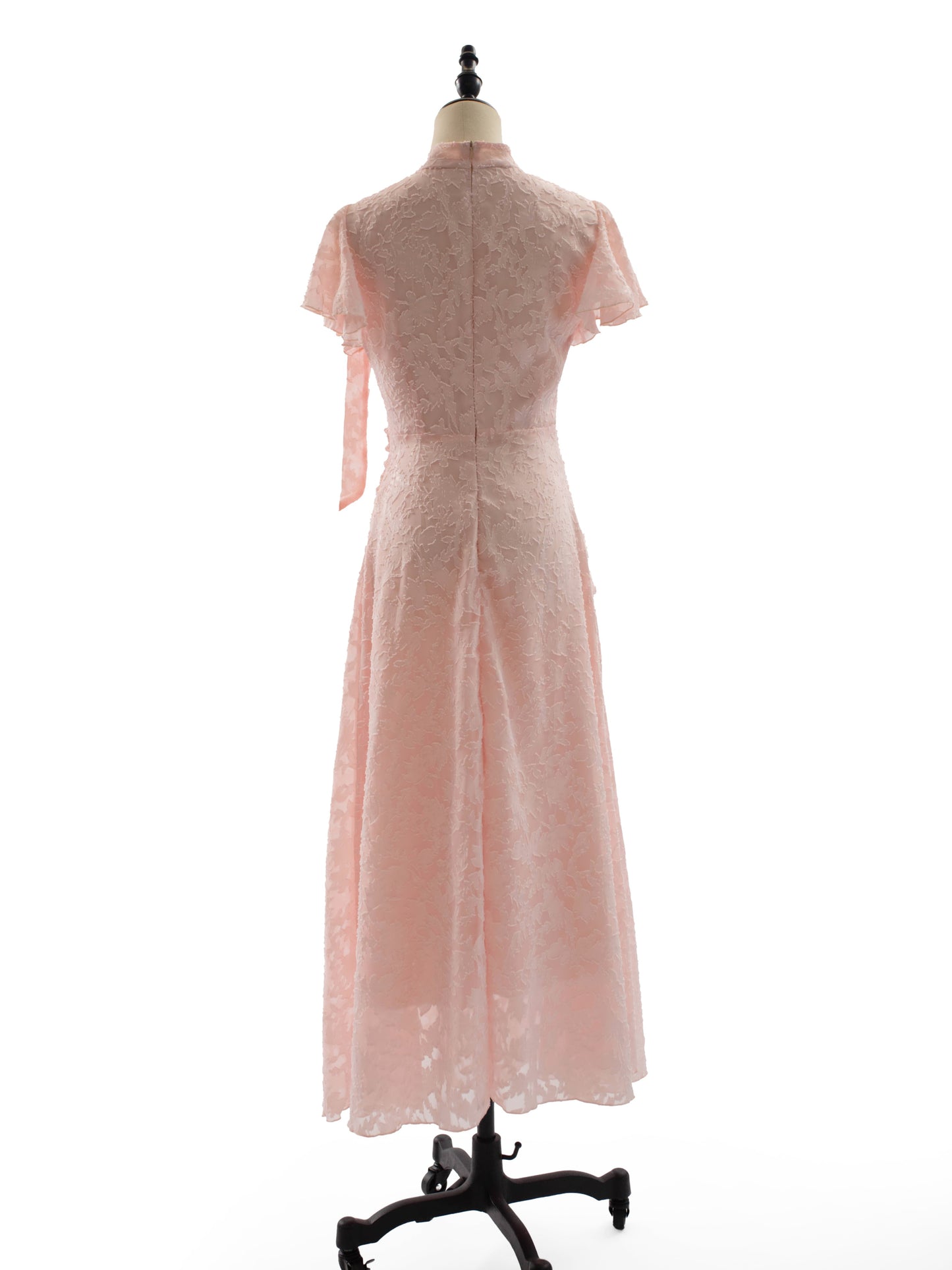 Date Night Dresses Maxi Ruffles Zipper Short Sleeves Stand Collar Petal Sleeves Elegant Pink Dress