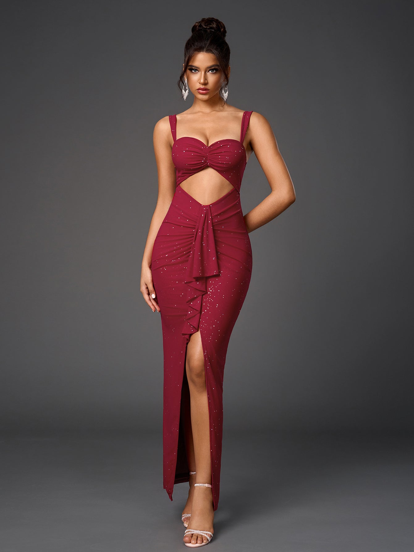 Cut Out Flounce Trim Ruched Glitter Mesh Dress