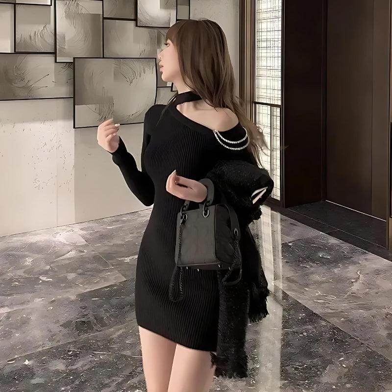 Asymmetric Choker Collar Pearl Chain Drape Cold Shoulder Long Sleeve Ribbed Bodycon Mini Dress