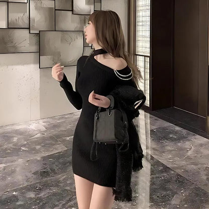 Asymmetric Choker Collar Pearl Chain Drape Cold Shoulder Long Sleeve Ribbed Bodycon Mini Dress