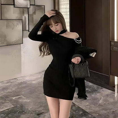Asymmetric Choker Collar Pearl Chain Drape Cold Shoulder Long Sleeve Ribbed Bodycon Mini Dress