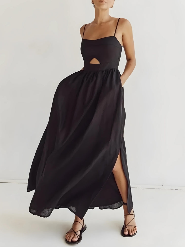 Spaghetti Strap Bust Cut Out Gathered Waist Pocket Maxi Dress