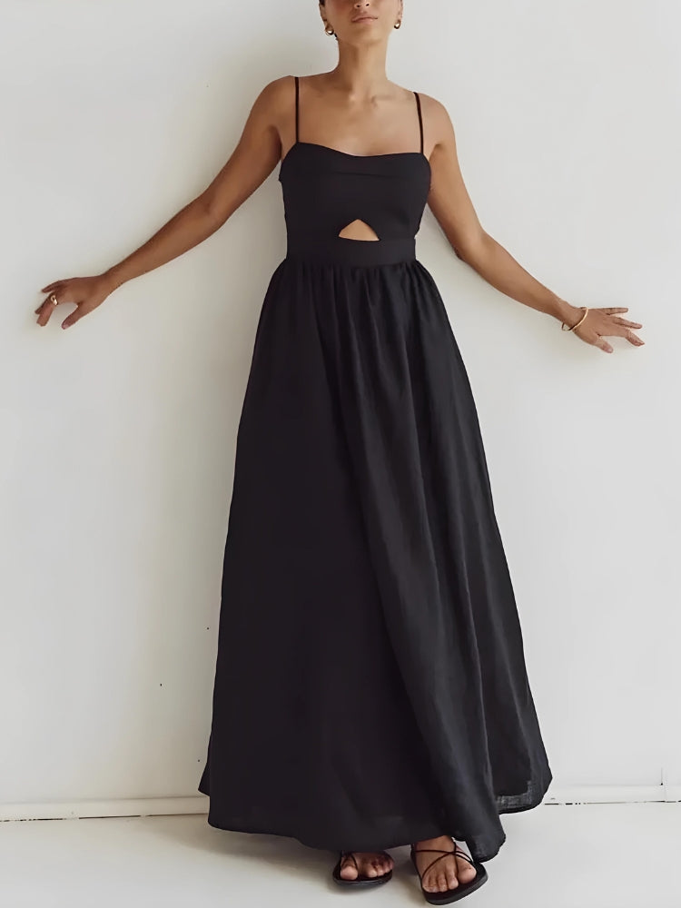 Spaghetti Strap Bust Cut Out Gathered Waist Pocket Maxi Dress