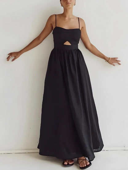 Spaghetti Strap Bust Cut Out Gathered Waist Pocket Maxi Dress
