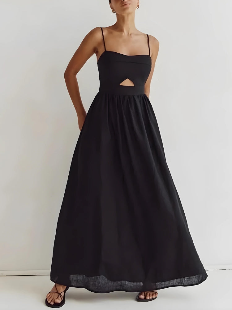 Spaghetti Strap Bust Cut Out Gathered Waist Pocket Maxi Dress