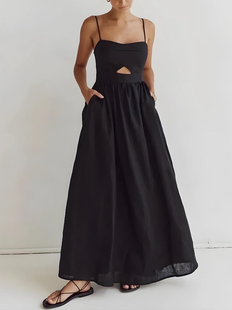 Spaghetti Strap Bust Cut Out Gathered Waist Pocket Maxi Dress