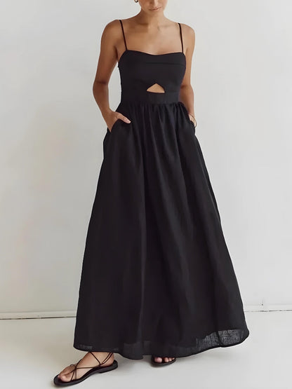 Spaghetti Strap Bust Cut Out Gathered Waist Pocket Maxi Dress