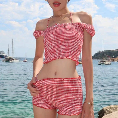 Plaid Matching Cropped Tank High Waist Shorts Two Pieces Set