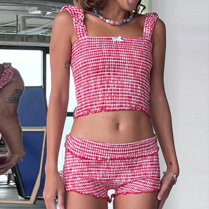 Plaid Matching Cropped Tank High Waist Shorts Two Pieces Set