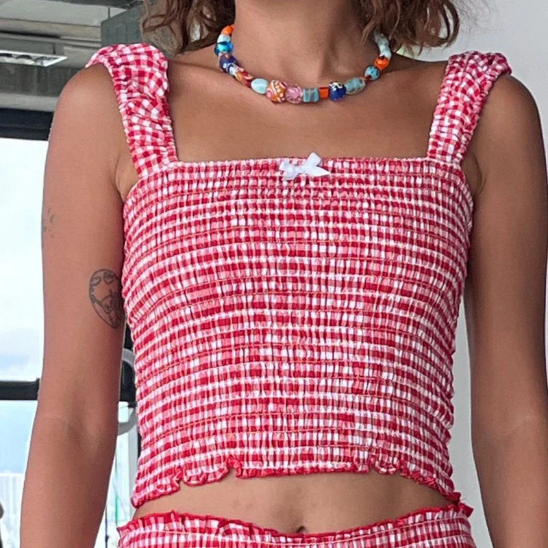 Plaid Matching Cropped Tank High Waist Shorts Two Pieces Set