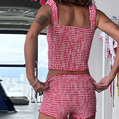 Plaid Matching Cropped Tank High Waist Shorts Two Pieces Set