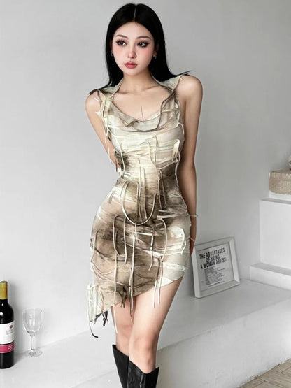 Hooded Bandage Strip Cowl Neck Asymmetrical Hem Bodycon Mini Dress