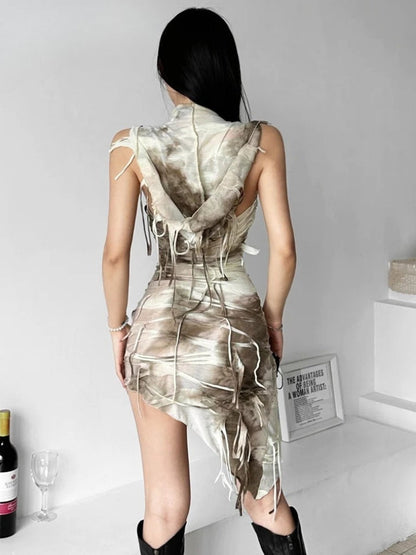 Hooded Bandage Strip Cowl Neck Asymmetrical Hem Bodycon Mini Dress