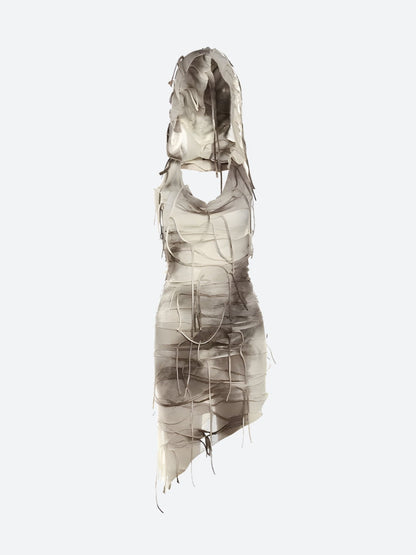 Hooded Bandage Strip Cowl Neck Asymmetrical Hem Bodycon Mini Dress