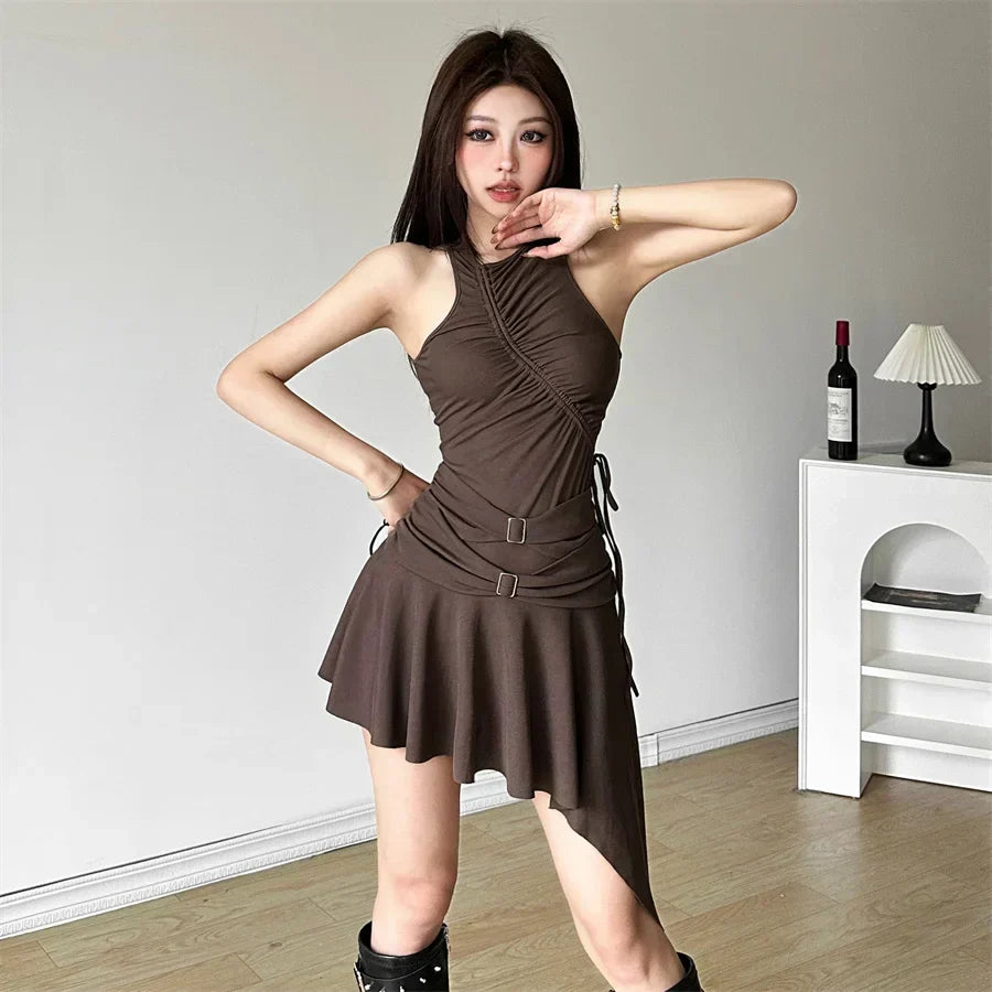 Ruched Buckle Detail Asymmetric Pointed Hem Sleeveless Mini Dress