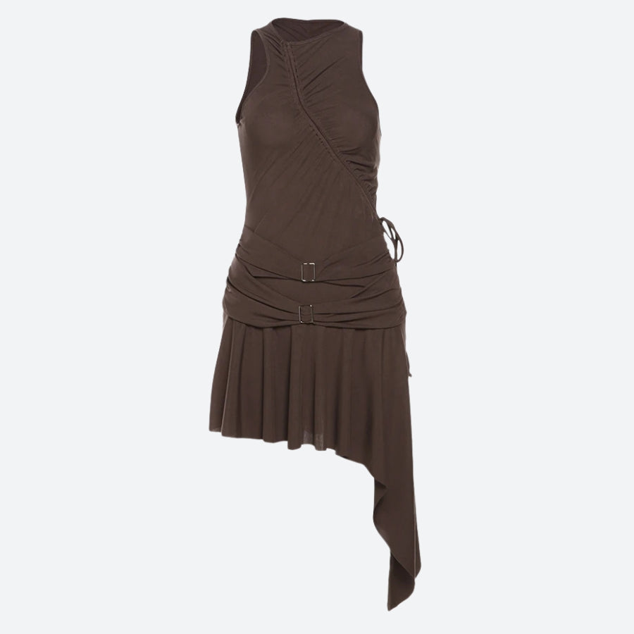 Ruched Buckle Detail Asymmetric Pointed Hem Sleeveless Mini Dress