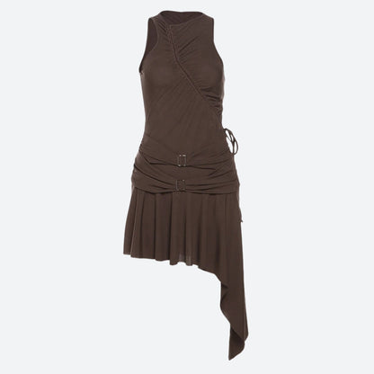 Ruched Buckle Detail Asymmetric Pointed Hem Sleeveless Mini Dress