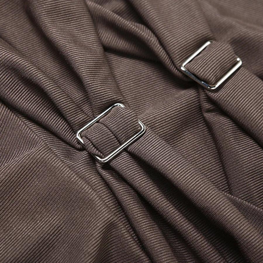 Ruched Buckle Detail Asymmetric Pointed Hem Sleeveless Mini Dress