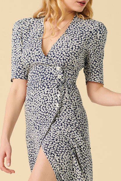 Floral Mid Sleeve V-Neck Midi Dress