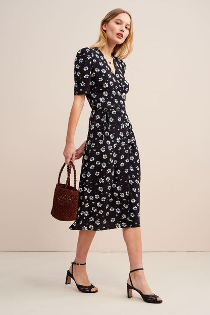 Floral Mid Sleeve V-Neck Midi Dress Blue
