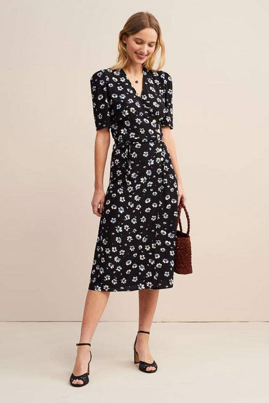Floral Mid Sleeve V-Neck Midi Dress Blue