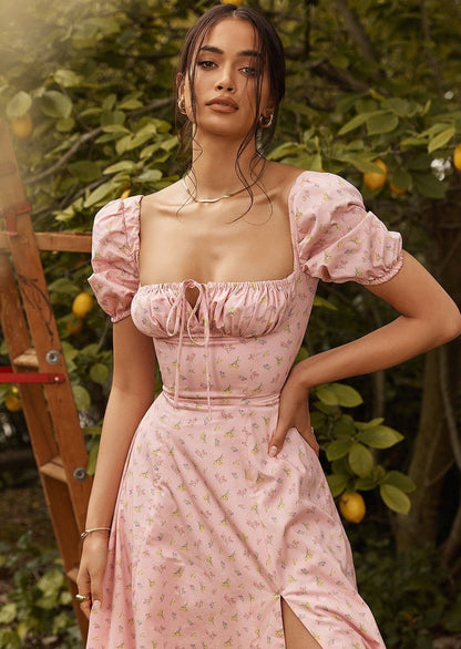 Puff Sleeve Slit Print Midi Dress