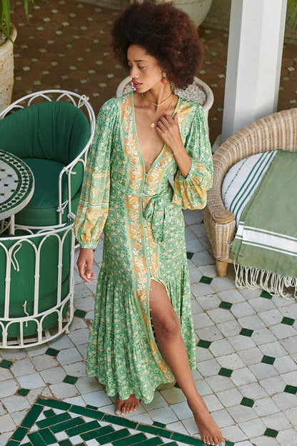 Floral Long Sleeve V-Neck Drapped Midi Dress Green