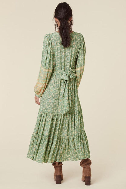 Floral Long Sleeve V-Neck Drapped Midi Dress Green