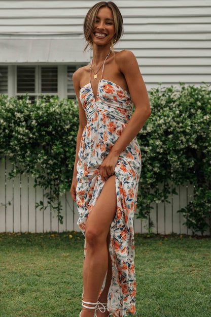 Floral V-Neck Backless Maxi Dress