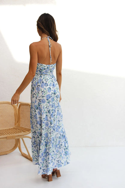 Floral V-Neck Backless Maxi Dress Blue