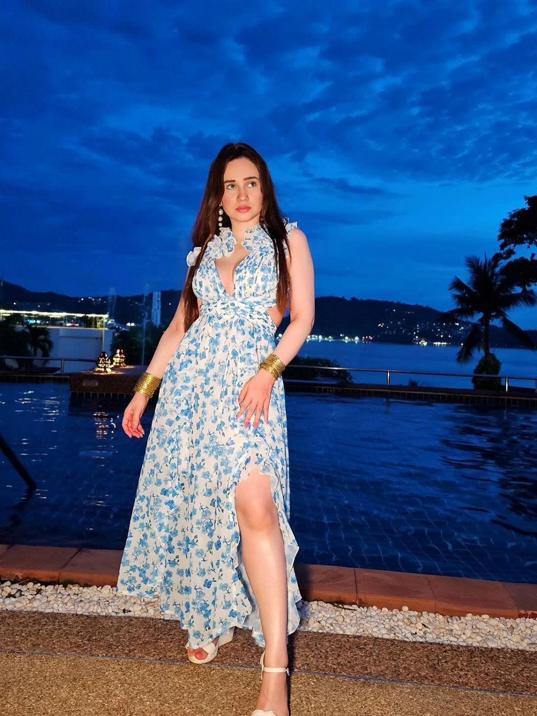 Floral Print Hollow Out Cutout Deep V Plunge Ruffled Backless Dress