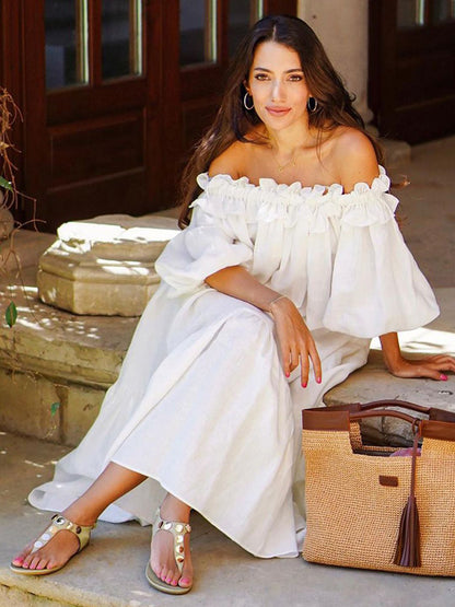 White Off Shoulder Long Dress For Women - Linen Cotton Boho Ruffle Lantern Sleeve Loose Beach Sundress - Summer Vacation 2026