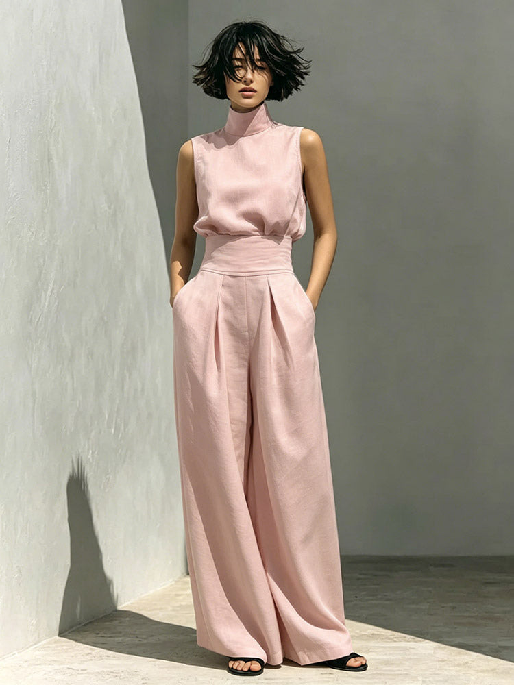 Two Piece Sets Pant Set Maxi Dresses Ecru White High Collar Sleeveless Elegant Sets