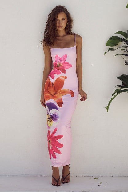 Oversized Floral Print Spaghetti Strap Bodycon Maxi Dress