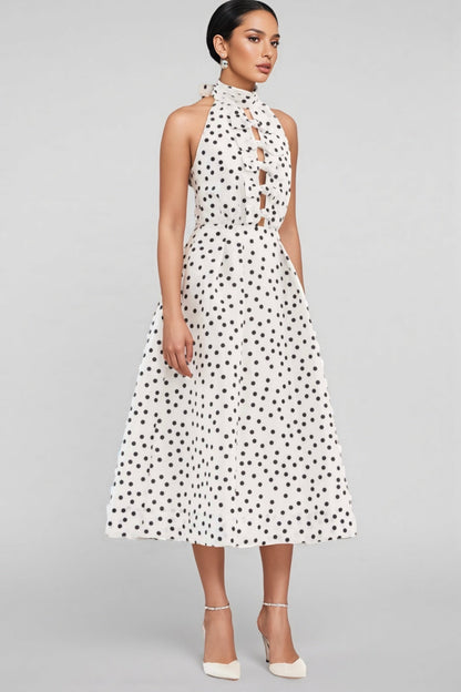 Cainea Bowknot Polka Dot Midi Dress