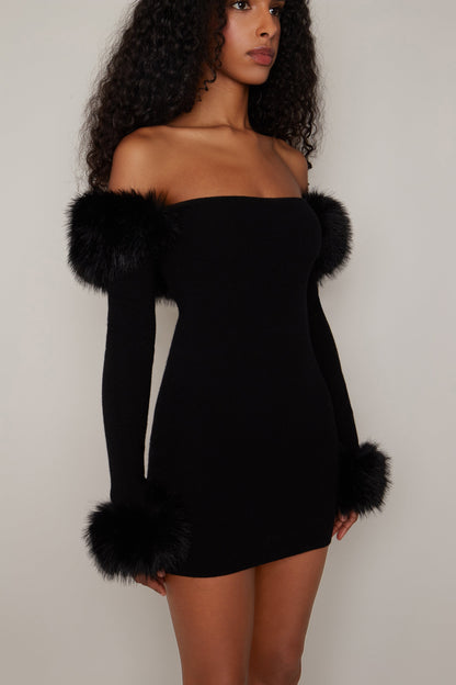 Ruth Faux Fur Off Shoulder Knit Mini Dress