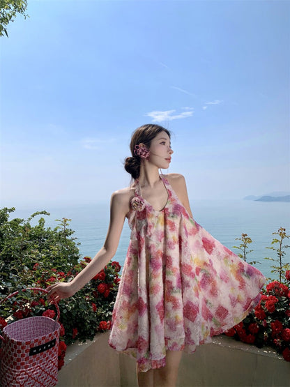 Dainty French Halter Tie-Dye Mini Dress Flowy A-Line Beach Dress
