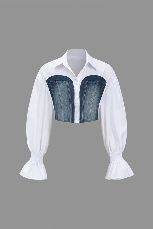 Women Cropped Blouse with Denim Corset