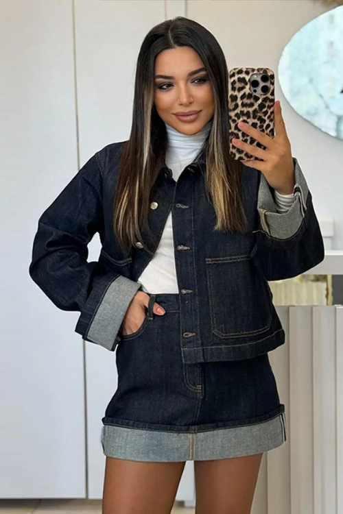 Women Denim Set Cropped Jacket High-Waist Mini Skirt