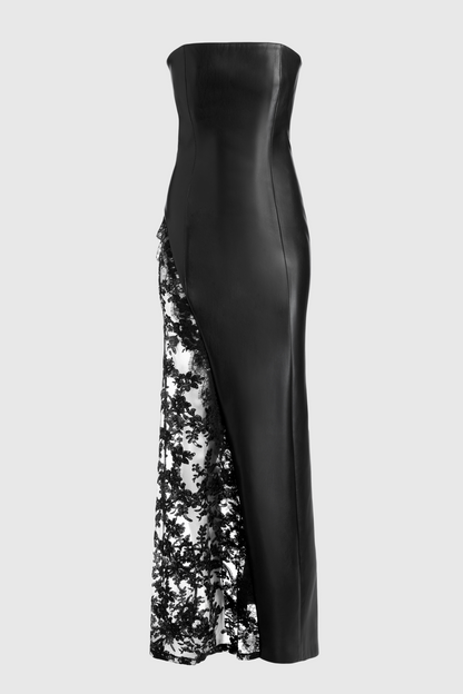 Damien Faux Leather Strapless Lace Maxi Dress