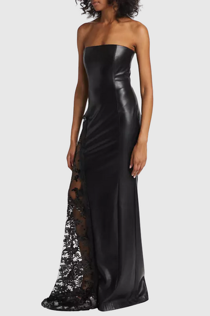 Damien Faux Leather Strapless Lace Maxi Dress